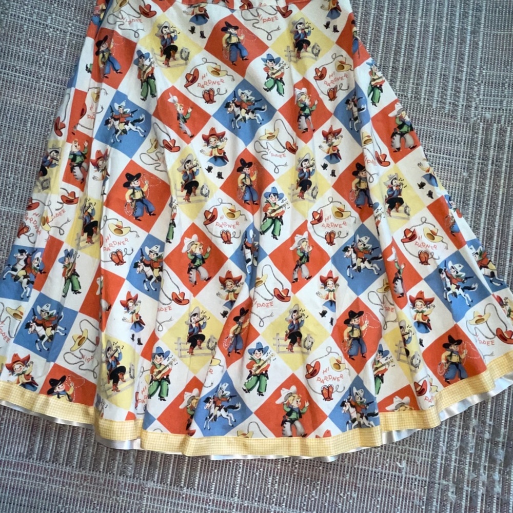 Vintage Retro cowboys and cowgirls skirt with yellow gingham trim